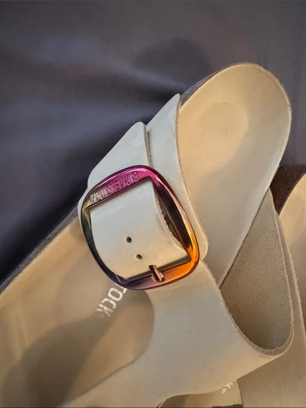Birkenstock Cream Toe-Post Sandals with Iridescent Buckles size 41